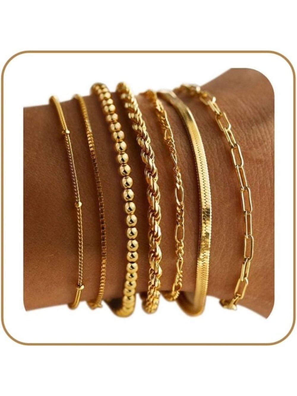 7PCS Gold Beaded Bracelets Set - 14K Plated Stackable Non-Tarnish Jewelry Gifts